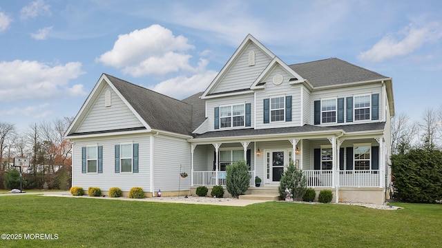 view of front of home with a shingled roof, a front yard, and covered porch