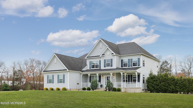 view of front facade featuring a front lawn, a shingled roof, and covered porch