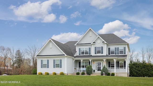 craftsman-style house featuring a porch, roof with shingles, and a front yard