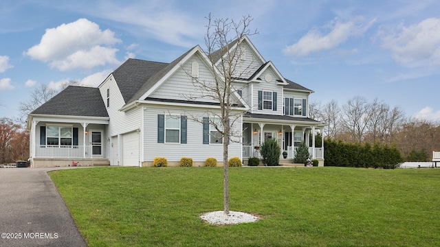 craftsman-style home featuring a garage, a porch, and a front yard