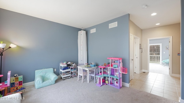 recreation room with recessed lighting, carpet, visible vents, and baseboards