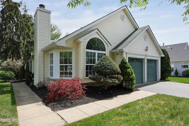 single story home featuring aphalt driveway and a chimney
