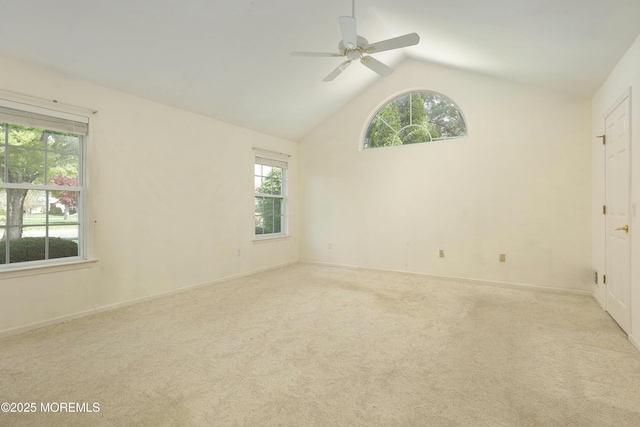 empty room with carpet flooring, a wealth of natural light, and lofted ceiling