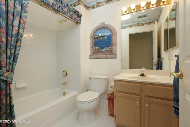 bathroom featuring tile patterned flooring, vanity, toilet, shower / bathtub combination with curtain, and visible vents