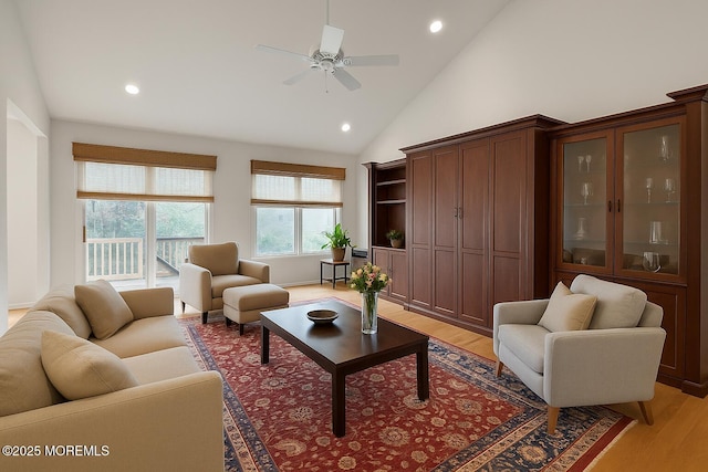 258 Rolling Meadows Blvd N, Ocean Twp, NJ 07712 - living room featuring light wood-style flooring, a ceiling fan, recessed lighting, and high vaulted ceiling