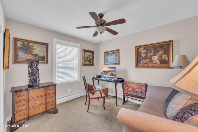 83 Parkway Dr Unit E, Freehold, NJ 07728 - living area with a ceiling fan, baseboards, a baseboard heating unit, and carpet