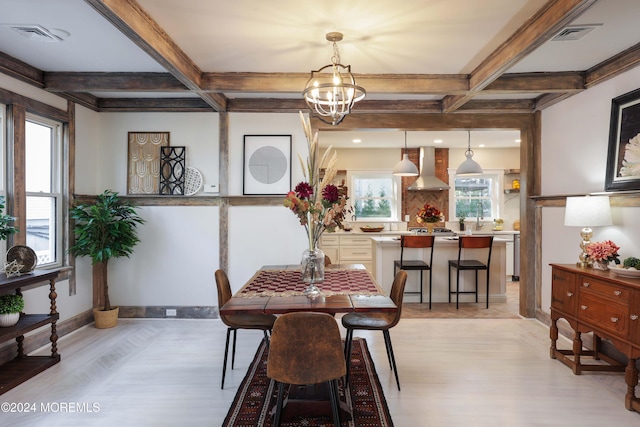 dining area featuring light wood finished floors, coffered ceiling, visible vents, beam ceiling, and a notable chandelier