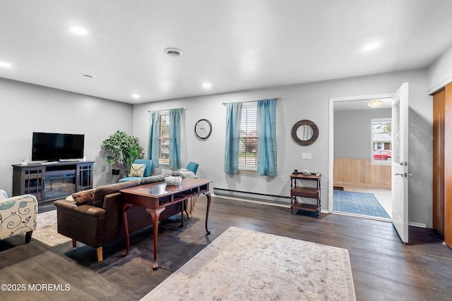 1 Adams Ct, Whiting, NJ 08759 - living room featuring a baseboard radiator, dark wood-type flooring, visible vents, and recessed lighting