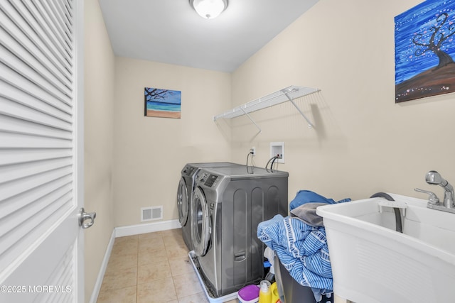 89 Orchard St, Freehold, NJ 07728 - laundry room featuring laundry area, light tile patterned floors, visible vents, a sink, and washer and dryer