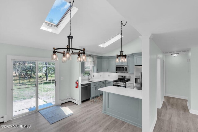 kitchen featuring an inviting chandelier, light countertops, a sink, gray cabinetry, and appliances with stainless steel finishes