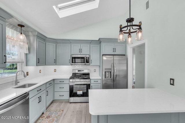 kitchen with light wood finished floors, a sink, lofted ceiling with skylight, decorative backsplash, and appliances with stainless steel finishes