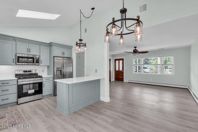 kitchen with light wood-style floors, stainless steel appliances, light countertops, gray cabinetry, and visible vents