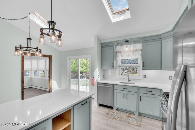 kitchen featuring a sink, light countertops, light wood-style flooring, backsplash, and appliances with stainless steel finishes