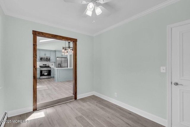 unfurnished room featuring ornamental molding, light wood-style floors, baseboards, baseboard heating, and ceiling fan with notable chandelier