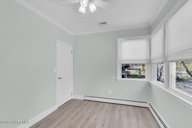 spare room with wood finished floors, visible vents, a baseboard radiator, and a ceiling fan