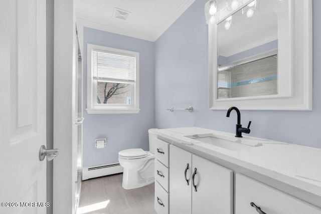 bathroom with visible vents, toilet, vanity, ornamental molding, and a baseboard radiator