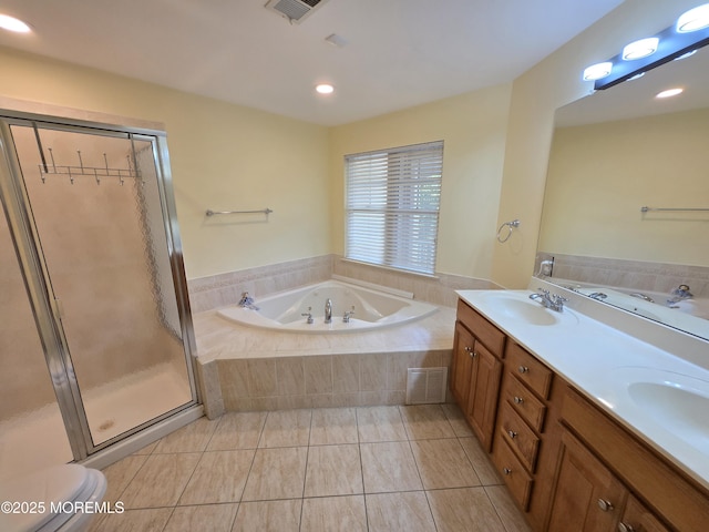 3 Great Beds Way S, Amboy, NJ 08879 - full bathroom featuring a bath, double vanity, tile patterned floors, a shower stall, and toilet