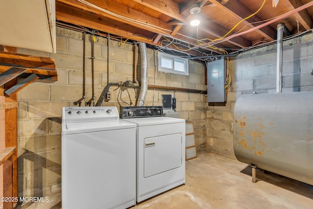 clothes washing area with independent washer and dryer, laundry area, heating fuel, and electric panel
