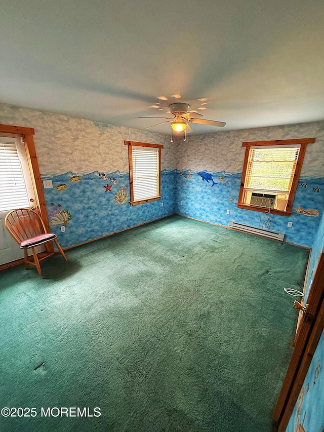 unfurnished bedroom featuring carpet floors, cooling unit, and wallpapered walls