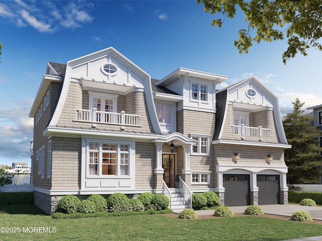 181 Squan Beach Dr, Mantoloking, NJ 08738 - shingle-style home featuring a balcony, a gambrel roof, and a garage