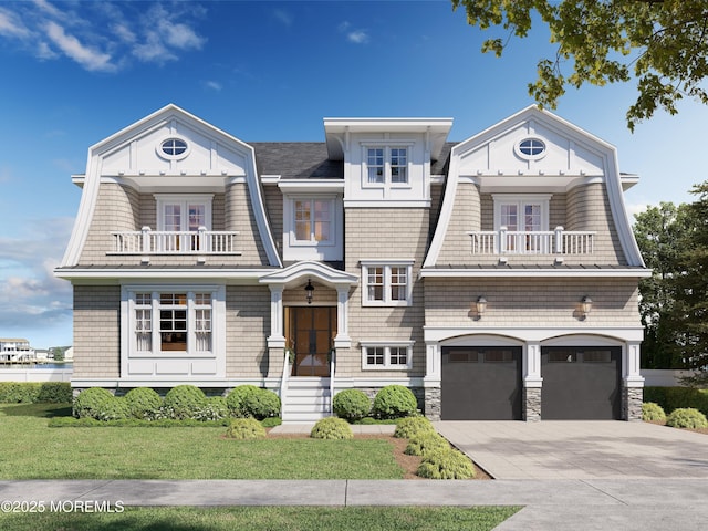 181 Squan Beach Dr, Mantoloking, NJ 08738 - shingle-style home featuring a balcony, a gambrel roof, concrete driveway, and an attached garage