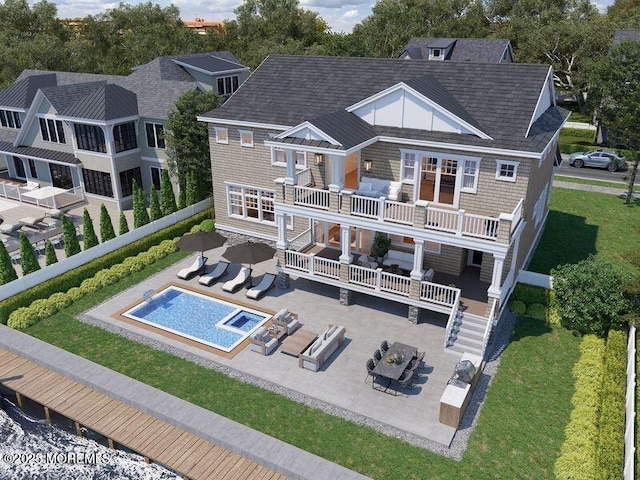 181 Squan Beach Dr, Mantoloking, NJ 08738 - back of house featuring a balcony, a patio, stairs, and a lawn