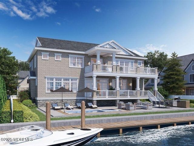 181 Squan Beach Dr, Mantoloking, NJ 08738 - rear view of property with a balcony, a water view, a patio area, and a shingled roof