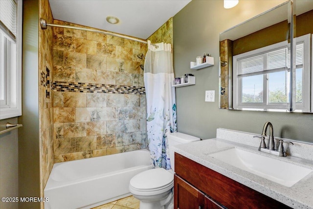 bathroom with tile patterned floors, toilet, vanity, and shower / bathtub combination with curtain