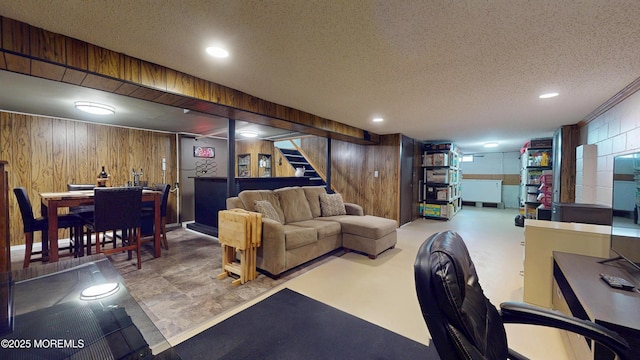 18 Forest Valley Dr, Toms River, NJ 08755 - living room featuring wooden walls, stairway, a textured ceiling, and recessed lighting