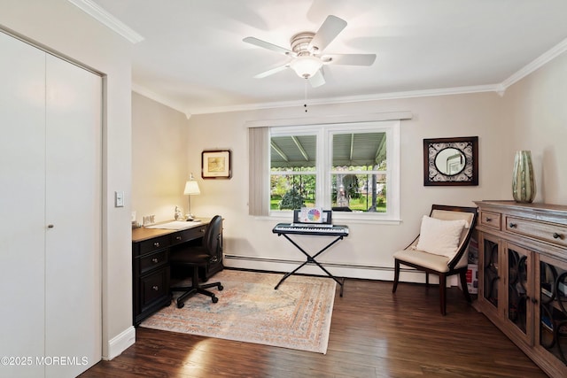 office featuring dark wood-style floors, crown molding, baseboards, a baseboard heating unit, and a ceiling fan