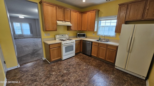kitchen with under cabinet range hood, a wealth of natural light, appliances with stainless steel finishes, and a sink
