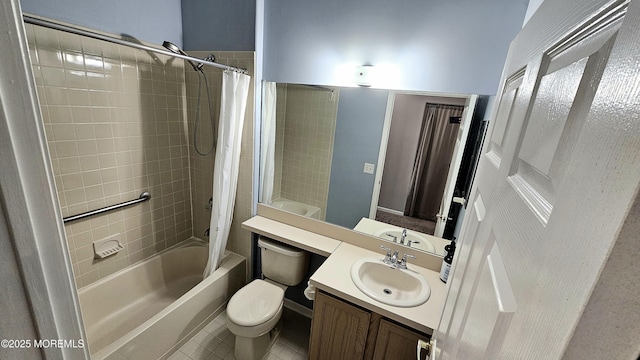 full bathroom featuring shower / bath combo, toilet, vanity, and tile patterned floors