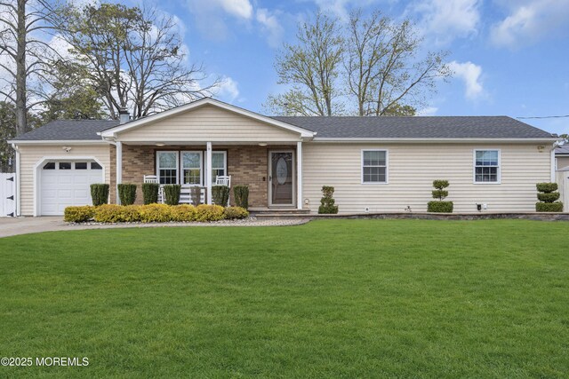 ranch-style home featuring a front lawn, driveway, covered porch, an attached garage, and roof with shingles
