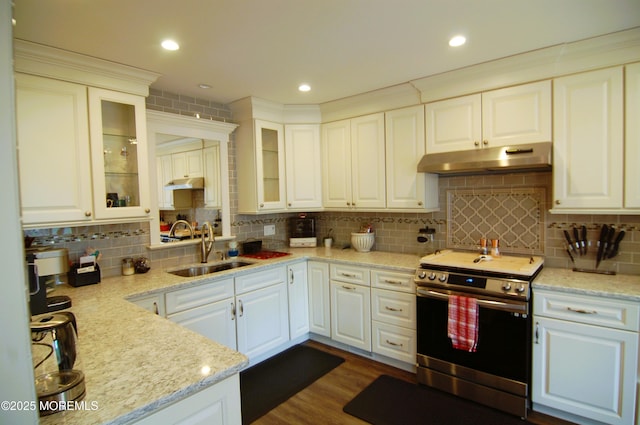 kitchen with tasteful backsplash, stainless steel range with electric stovetop, a sink, glass insert cabinets, and under cabinet range hood