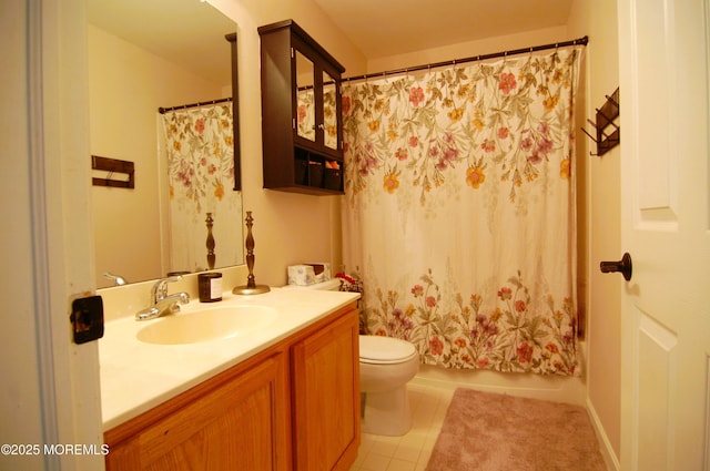 bathroom with vanity, shower / bathtub combination with curtain, tile patterned floors, and toilet