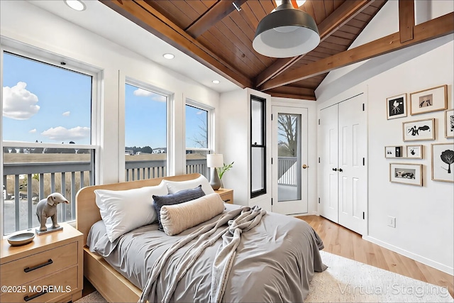 650 Front St, Union Beach, NJ 07735 - bedroom featuring lofted ceiling with beams, light wood-style flooring, wooden ceiling, baseboards, and recessed lighting