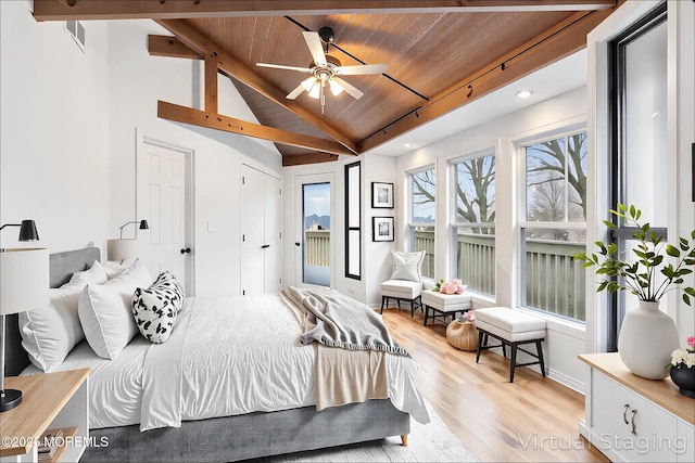650 Front St, Union Beach, NJ 07735 - bedroom with wood ceiling, light wood-style floors, vaulted ceiling with beams, and recessed lighting