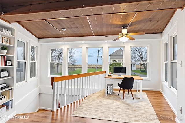 650 Front St, Union Beach, NJ 07735 - office space featuring a ceiling fan, light wood-style floors, vaulted ceiling with beams, wooden ceiling, and baseboards