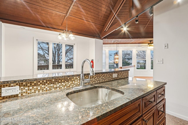 650 Front St, Union Beach, NJ 07735 - kitchen with dark stone countertops, a sink, decorative backsplash, wood ceiling, and pendant lighting
