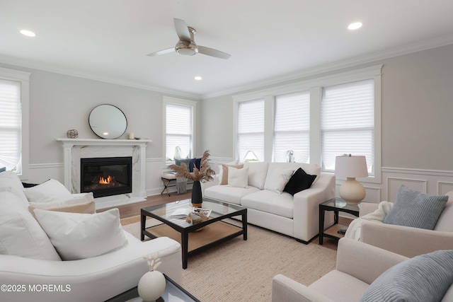 619 Mistletoe Ave, Point Pleasant, NJ 08742 - living room featuring ceiling fan, ornamental molding, a high end fireplace, light wood-style floors, and recessed lighting