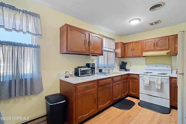 kitchen featuring white electric range oven, light wood-type flooring, visible vents, light countertops, and under cabinet range hood