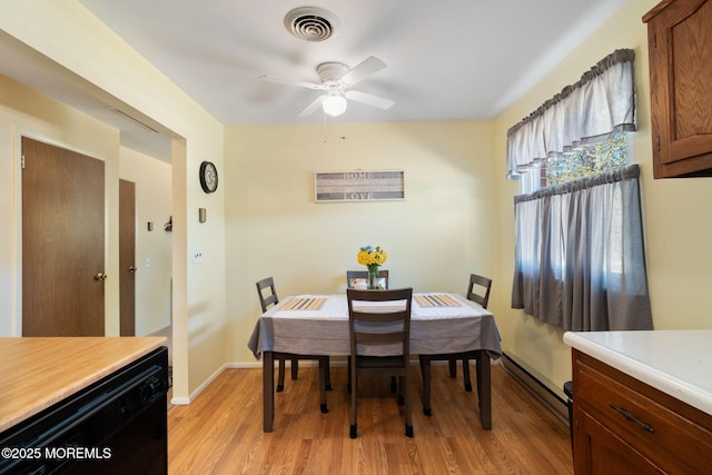 dining area with light wood finished floors, baseboards, visible vents, a ceiling fan, and a baseboard radiator