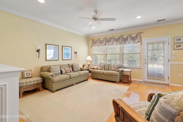 1507 Primrose Pl, Manasquan, NJ 08736 - living room featuring ceiling fan, wood finished floors, ornamental molding, and recessed lighting