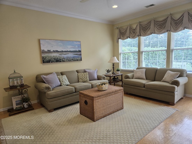 1507 Primrose Pl, Manasquan, NJ 08736 - living area with wood finished floors, crown molding, recessed lighting, and ceiling fan