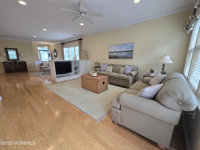 1507 Primrose Pl, Manasquan, NJ 08736 - living area with ornamental molding, light wood-style floors, recessed lighting, and a ceiling fan