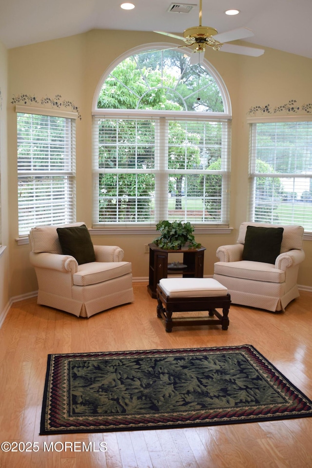 1507 Primrose Pl, Manasquan, NJ 08736 - living area featuring vaulted ceiling, wood-type flooring, plenty of natural light, a ceiling fan, and recessed lighting