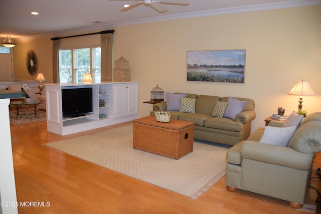 1507 Primrose Pl, Manasquan, NJ 08736 - living room with light wood-style flooring, ornamental molding, ceiling fan, and recessed lighting