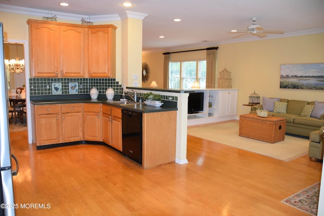 1507 Primrose Pl, Manasquan, NJ 08736 - kitchen featuring black dishwasher, crown molding, light wood finished floors, open floor plan, and recessed lighting