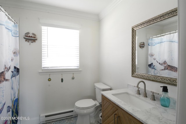 bathroom featuring a baseboard radiator, vanity, toilet, and plenty of natural light