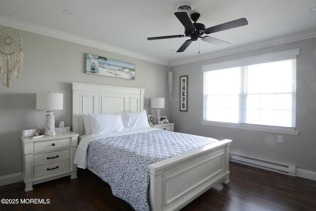 bedroom with dark wood finished floors, visible vents, ornamental molding, baseboards, and baseboard heating